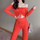 Set: Off-shoulder Drawstring Cropped T-shirt + Wide-leg Pants