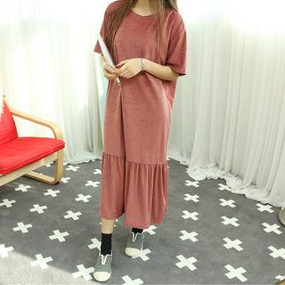 Velvet Ruffle-hem Long Dress