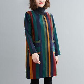 Mock-turtleneck Striped Long-sleeve Mini Dress