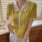 Short-sleeve Two Tone Knit Button-up Top