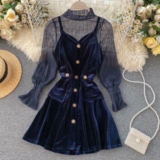 Set: Long-sleeve Mesh Top + Mini A-line Velvet Pinafore Dress
