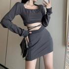 Square-neck Crop Sweatshirt / A-line Skirt