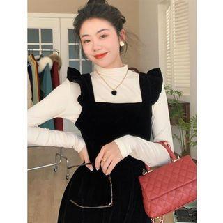 Set: Mock-neck Top + Velvet A-line Dress