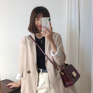 Double-button Lapel Collar Plain Blazer Almond - One Size