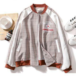 Letter Embroidered Plaid Panel Zip Jacket