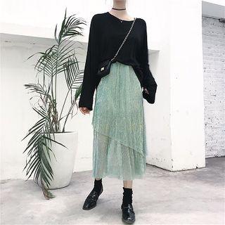 Plain Crewneck Long-sleeve Top / Plain High-waist Skirt