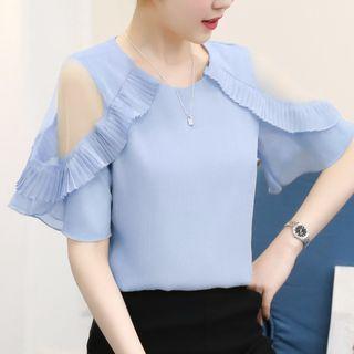 Pleated Trim Mesh Panel Short-sleeve Chiffon Top