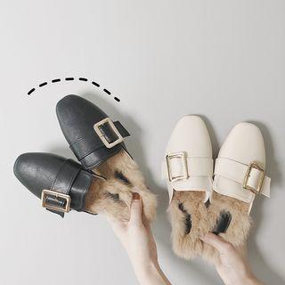 Furry Buckled Loafer Mules