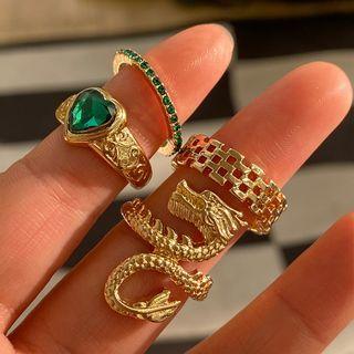 Set Of 4: Heart / Rhinestone / Dragon / Alloy Ring (various Designs)