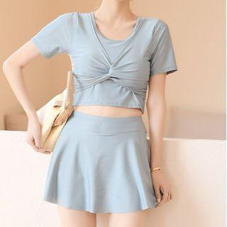Set: Short-sleeve Twisted Swim Top + Swim Skirt