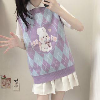 Argyle Sweater Vest Purplish Blue - One Size