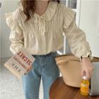 Long-sleeve Frill Trim Tie-neck Blouse Almond - One Size