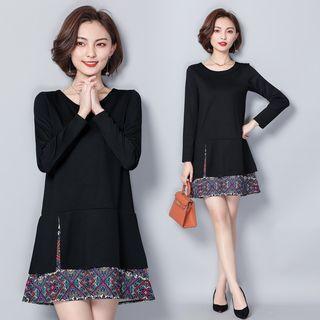 Long-sleeve Patterned Panel T-shirt Dress