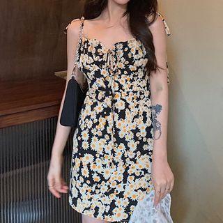 Flower Print Spaghetti Strap Mini Sheath Dress Black - One Size