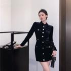 Plain Button-up Skinny Mini Dress Black - One Size