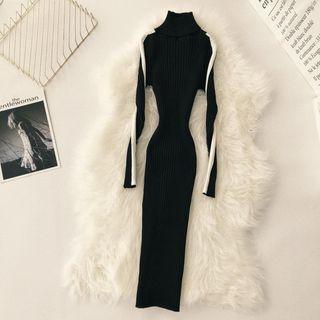 Contrast Trim Turtleneck Rib Knit Dress