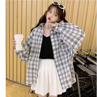 Long-sleeve Plaid Shirt / Plain Tank Top