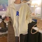 Long-sleeve High-neck Bear Embroidered Zip Jacket Almond - One Size