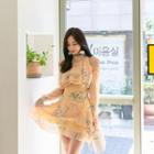 Cutaway-shoulder Floral Print Chiffon Dress Yellow - One Size