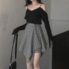 Asymmetric Plaid A-line Mini Skirt / Long-sleeve Cold Shoulder Top