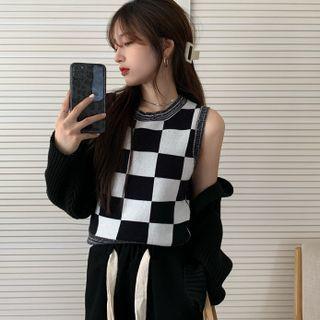 Check Tank / Ribbed Knit Open-front Cardigan