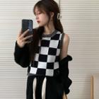 Check Tank / Ribbed Knit Open-front Cardigan