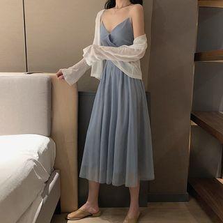 Plain Cardigan / Spaghetti-strap A-line Mesh Dress