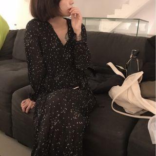 Dotted Long-sleeve Crinkle A-line Midi Chiffon Dress