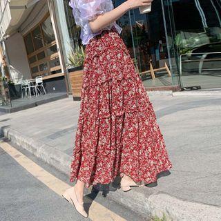 Tiered Floral Chiffon A-line Maxi Skirt Green - One Size