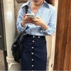 Striped Shirt / Buttoned Midi Skirt