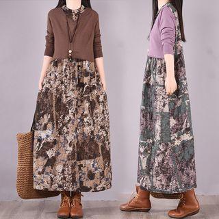 Mock Two-piece Long-sleeve Print Panel Midi Shift Dress