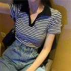 Collared Short-sleeve Striped T-shirt Stripe - One Size