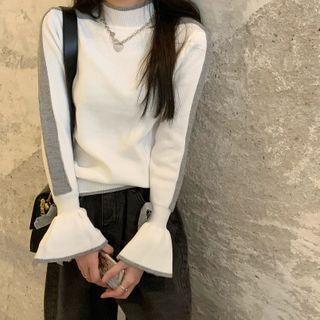 Bell-sleeve Mock-neck Contrast Trim Knit Top