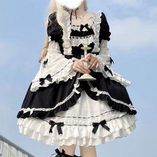 Flared-sleeve Bow Detail Ruffle A-line Dress / Headpiece / Necklace / Set