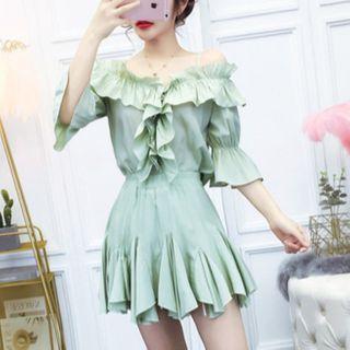 Set: Ruffle Off-shoulder Blouse + Mini A-line Skirt Set - Shirt - Green - One Size / A-line Skirt - Green - One Size