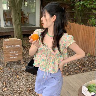 Short-sleeve Floral Top Yellow & Green & Pink - One Size
