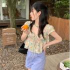 Short-sleeve Floral Top Yellow & Green & Pink - One Size