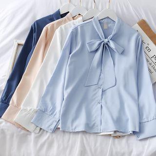 Ribbon-neckline Plain Shirt