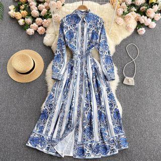 Print Long-sleeve Shirt Collar Dress
