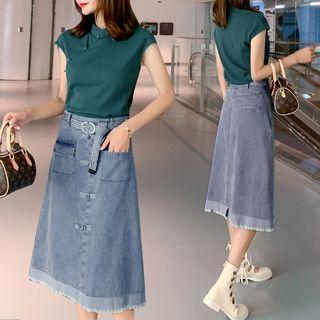 Set: Short-sleeve Frog-button Top + Midi Denim Skirt