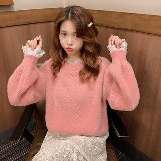 Lace Trim Faux Fur Sweater Pink - One Size