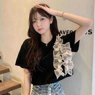 Short-sleeve Mesh Ruffled T-shirt