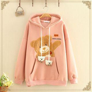 Bear Printed Plain Hoodie With Fleece