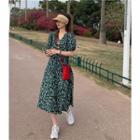 Puff-sleeve Floral Midi Smock Dress Floral - Black & Blue & Green - One Size