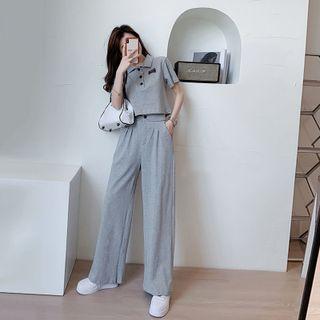 Set: Short-sleeve Collared T-shirt + Wide-leg Pants