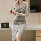 V-neck Cutout Shoulder Short-sleeve Sheath Dress