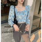 Long-sleeve Floral Print Denim Blouse