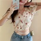 Short-sleeve Flower Embroidered Cropped Blouse Almond - One Size