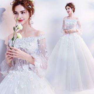 Off Shoulder Floral Detail A-line Evening Gown
