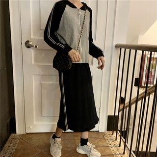 Set: Striped Trim Color Block Zip Hoodie + Midi Skirt Hoodie - Gray - One Size / Skirt - Black - One Size